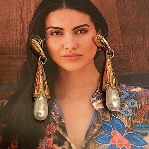 A New Day Occasion Hammered Style Petal Pearl Drop Style Earrings.